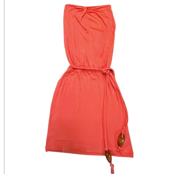 Vintage Y2K Strapless Jersey Coral Midi Dress w/ Tie waist & Wooden Beads Size M - Picture 1 of 10
